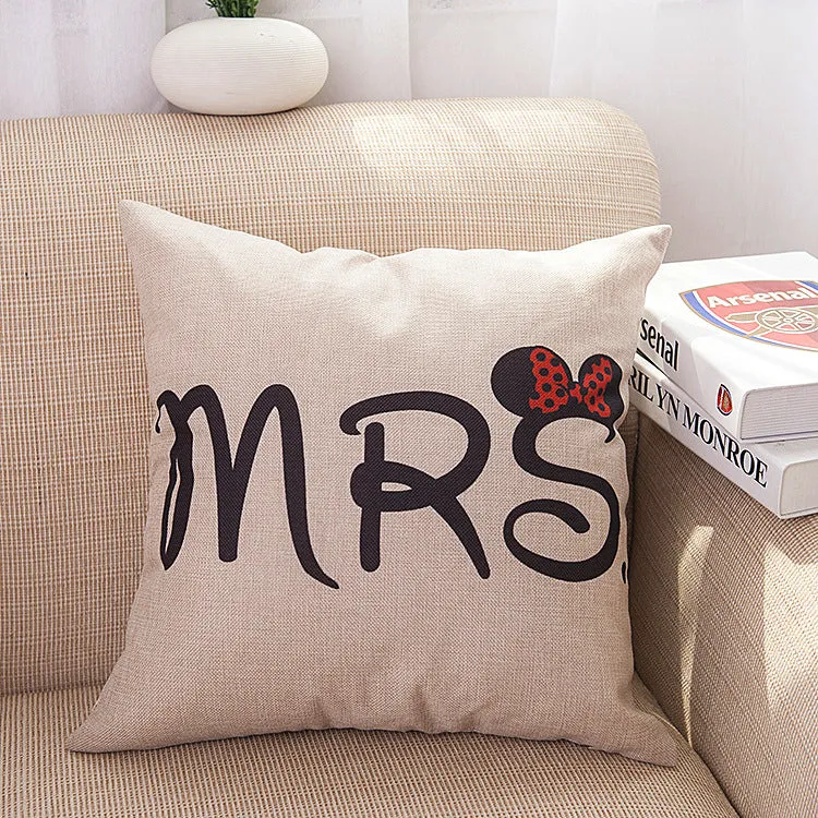 Valentine linen pillowcase with cartoon design in MR and MRS colour options, 45x45cm square