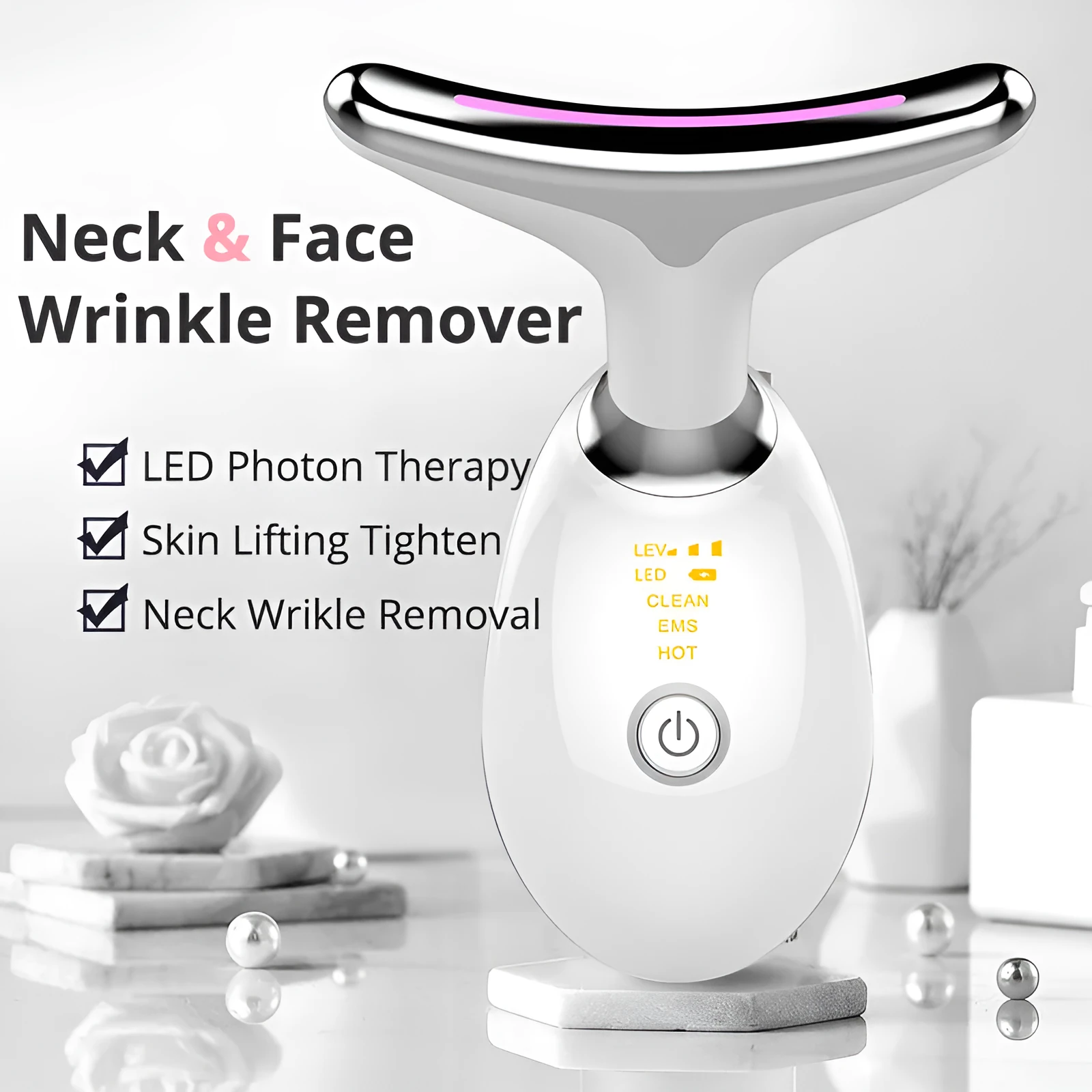 White EMS thermal neck lifting massager device with LED lights and charging cable
