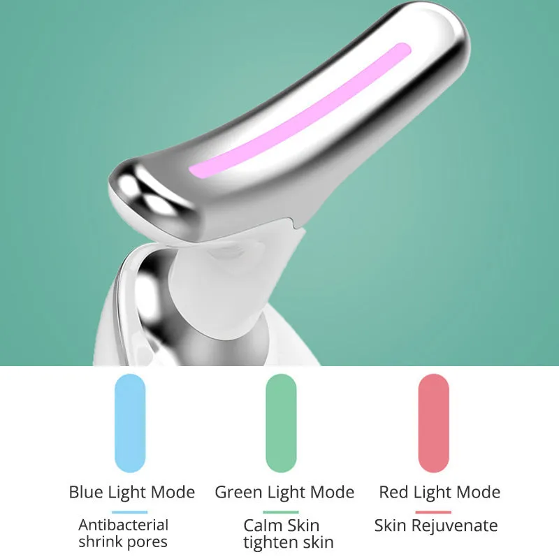 White EMS thermal neck lifting massager device with LED lights and charging cable