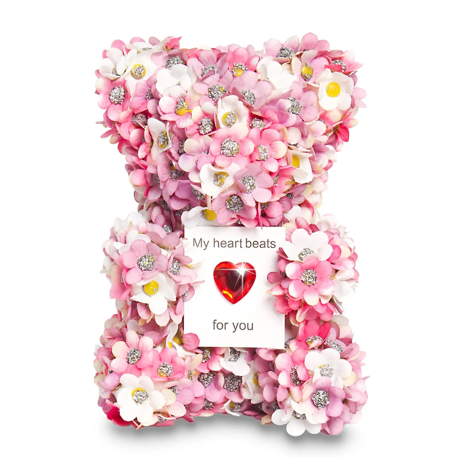 Pink artificial rose bear handmade from polyester and foam, 17 cm tall, displayed as Valentine's ornament