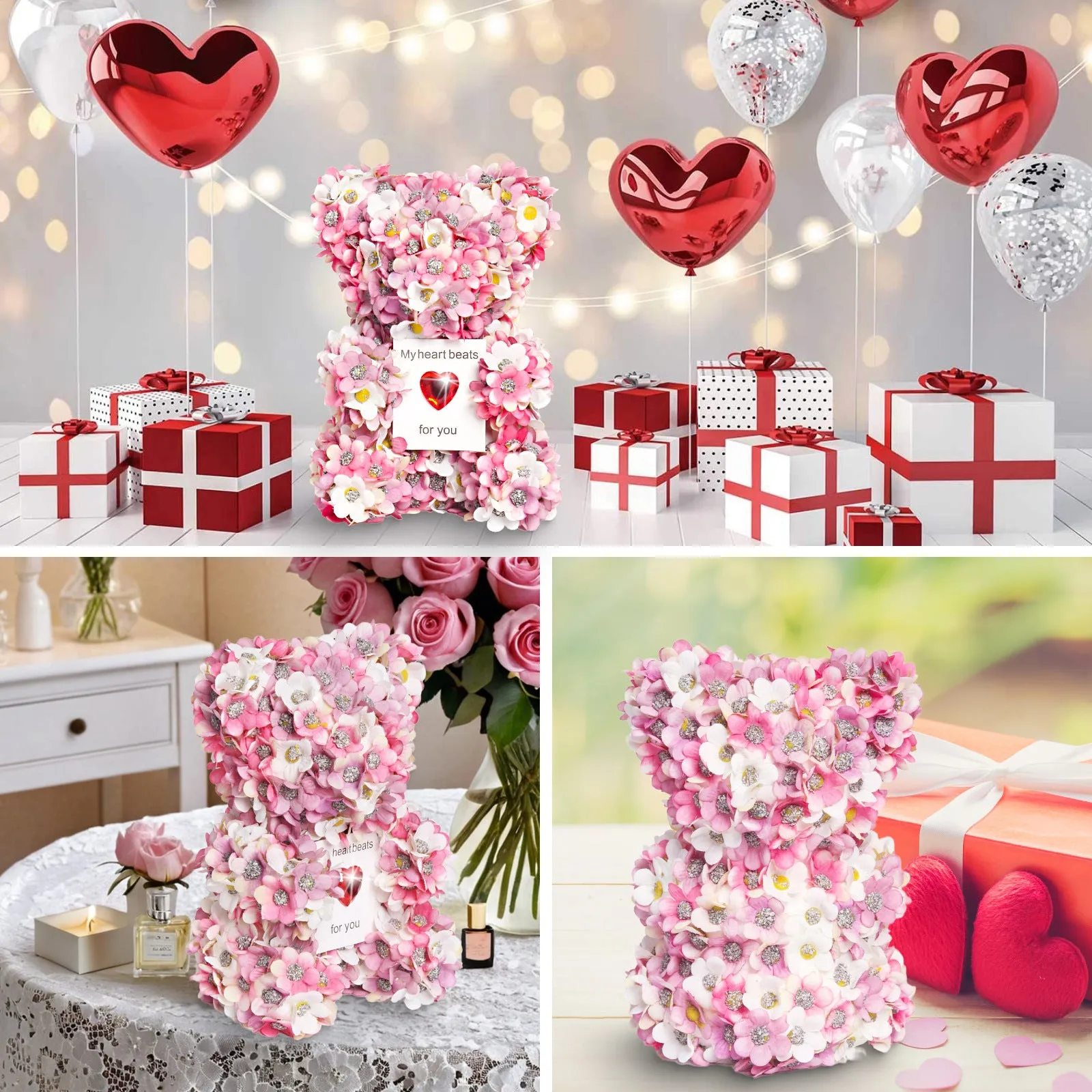 Pink artificial rose bear handmade from polyester and foam, 17 cm tall, displayed as Valentine's ornament