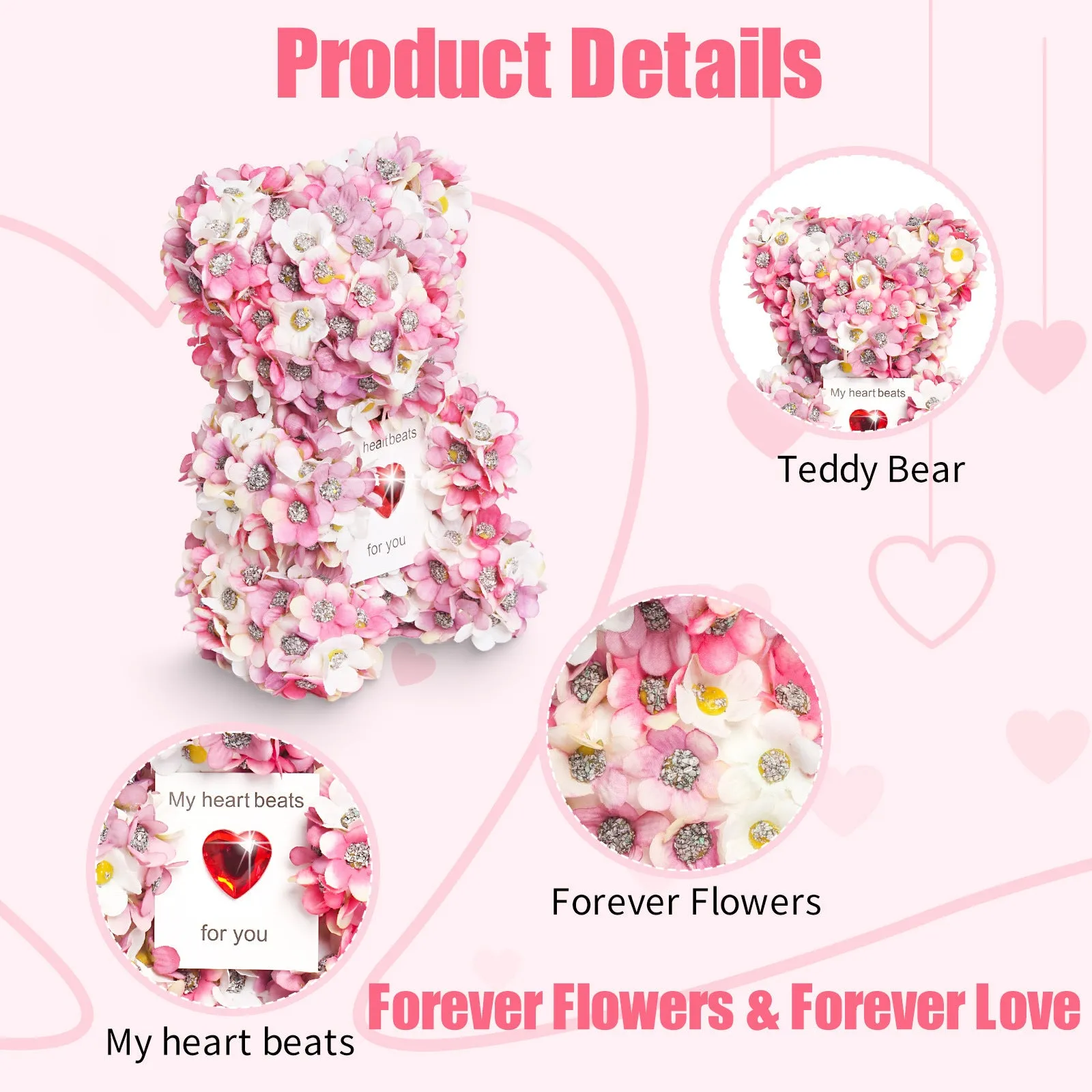 Pink artificial rose bear handmade from polyester and foam, 17 cm tall, displayed as Valentine's ornament