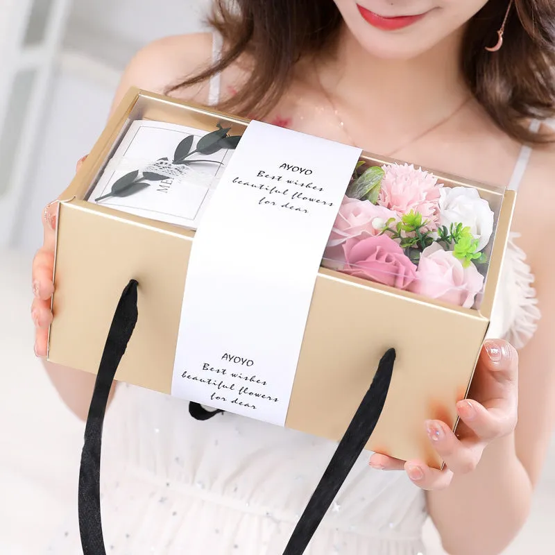 Soap flower rose bouquet in gold gift box with red greeting card, ideal gift for Mother's Day or Valentine's Day