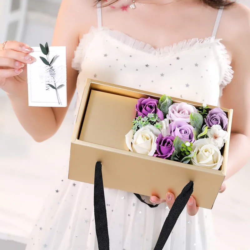 Soap flower rose bouquet in gold gift box with red greeting card, ideal gift for Mother's Day or Valentine's Day