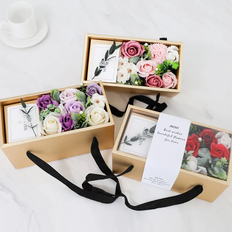 Soap flower rose bouquet in gold gift box with red greeting card, ideal gift for Mother's Day or Valentine's Day