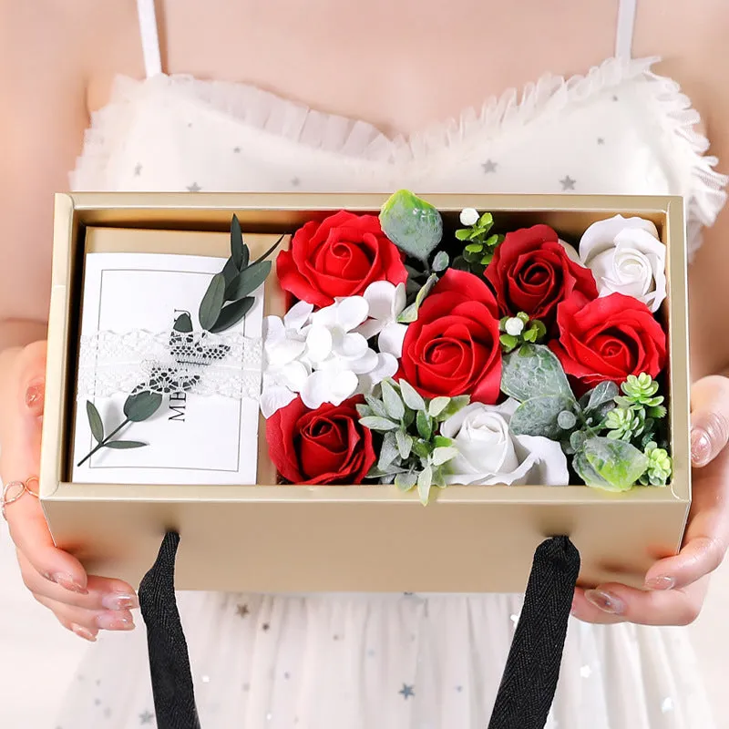 Soap flower rose bouquet in gold gift box with red greeting card, ideal gift for Mother's Day or Valentine's Day