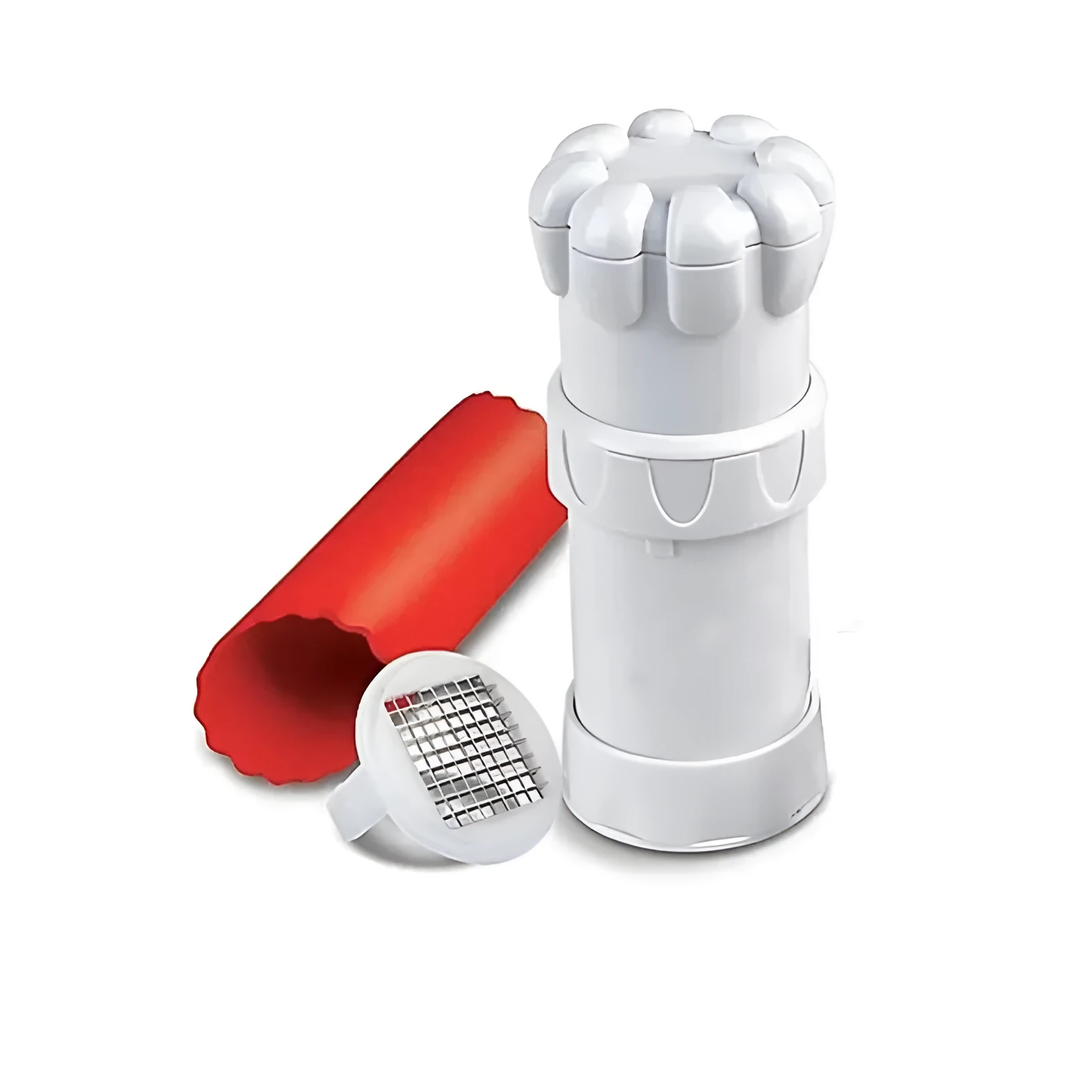 White ABS plastic garlic press with peeler on kitchen countertop