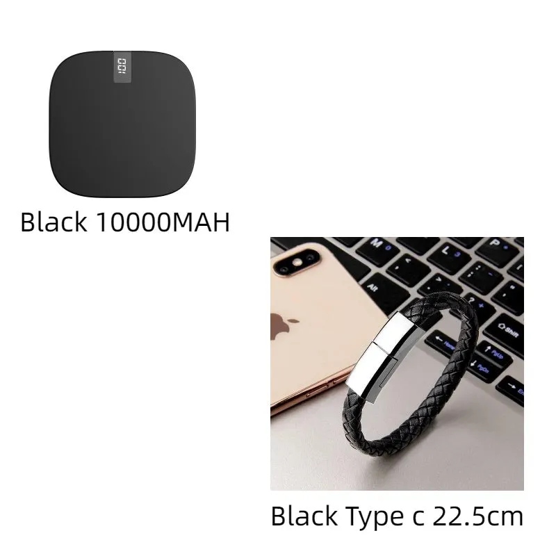 10000 mAh mini power bank with digital display in black, compact portable charger with two USB ports