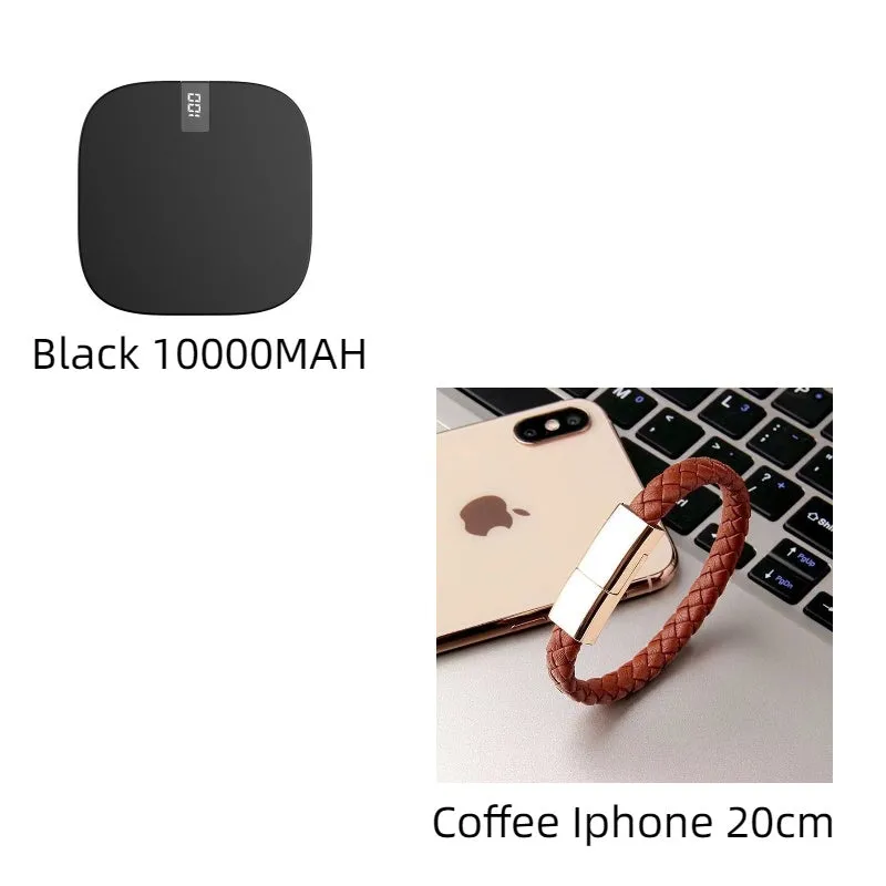 10000 mAh mini power bank with digital display in black, compact portable charger with two USB ports