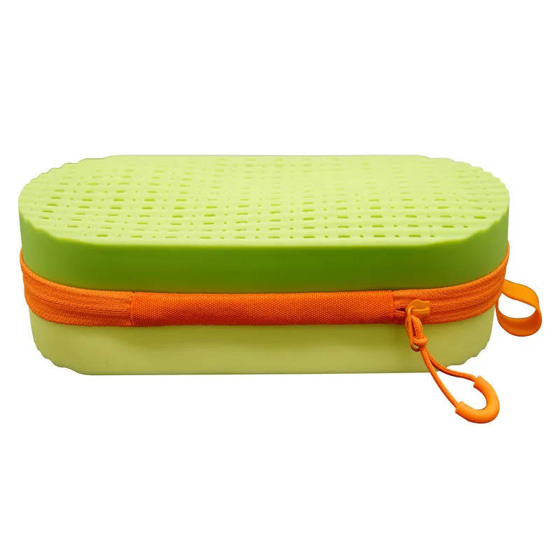 Silicone glasses case with long handle in multiple colour options on a plain background.