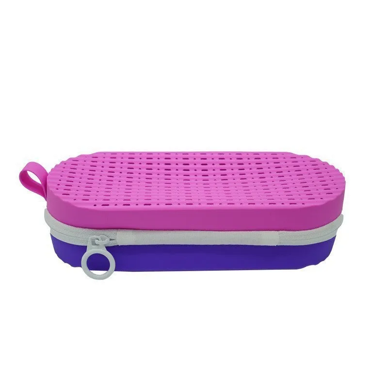 Silicone glasses case with long handle in multiple colour options on a plain background.