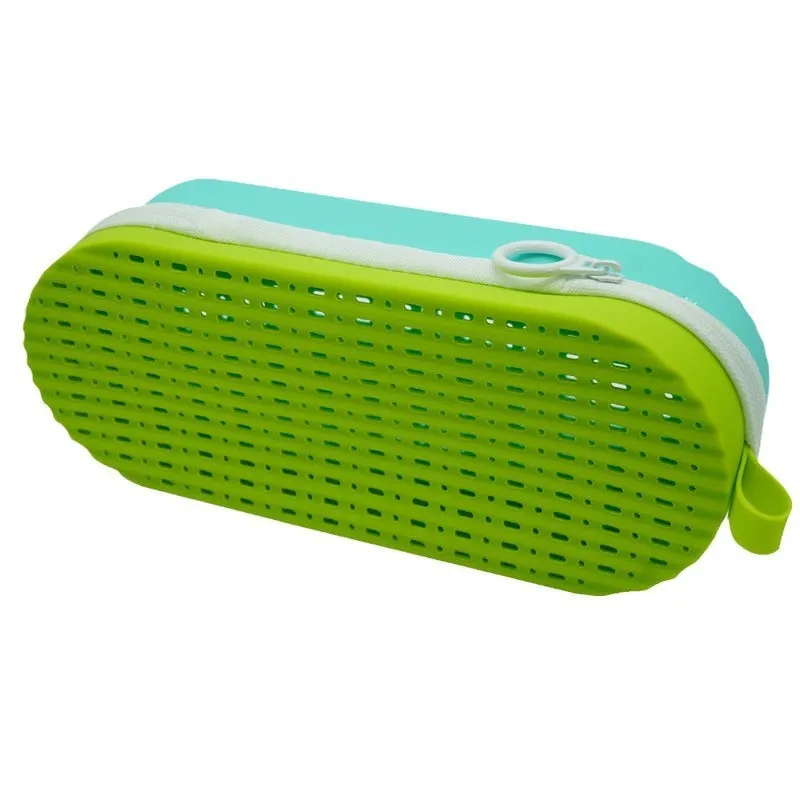 Silicone glasses case with long handle in multiple colour options on a plain background.