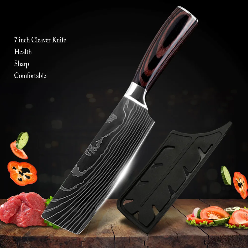 Seven-inch stainless steel multi-purpose chef knife on cutting board