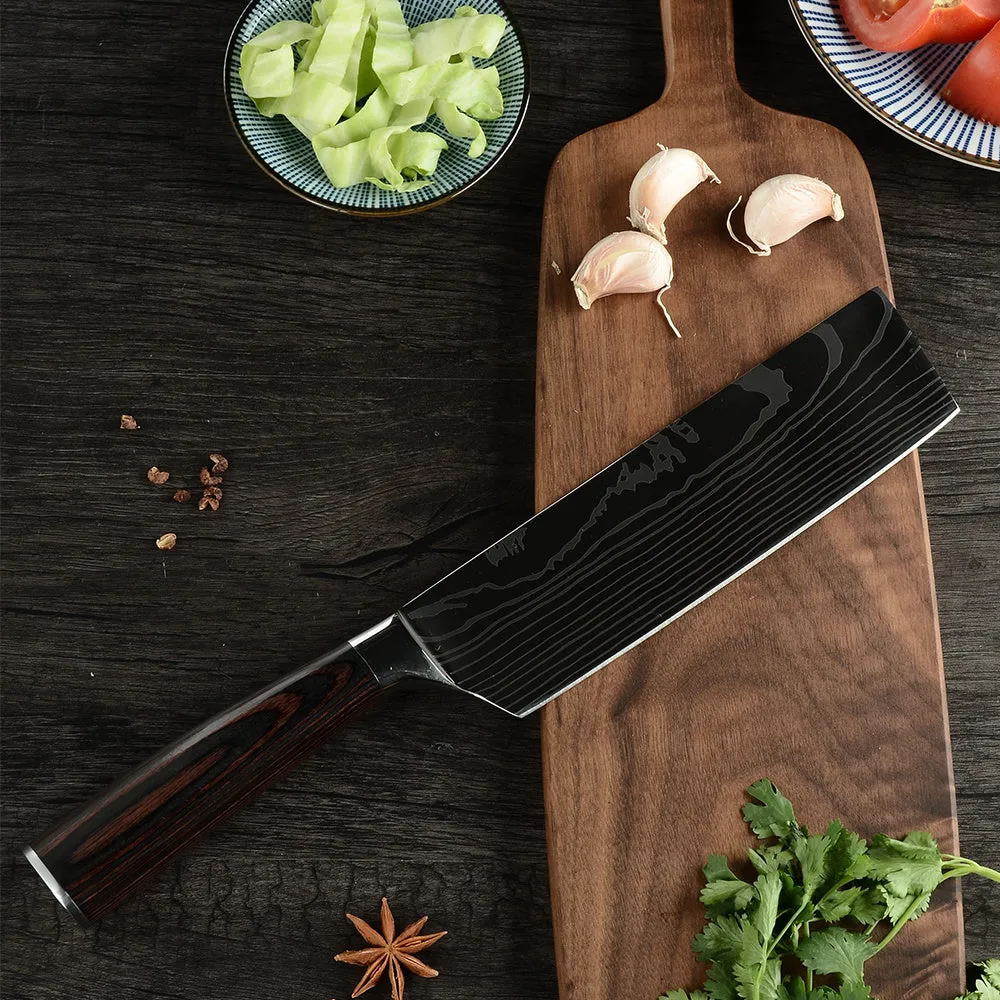 Seven-inch stainless steel multi-purpose chef knife on cutting board