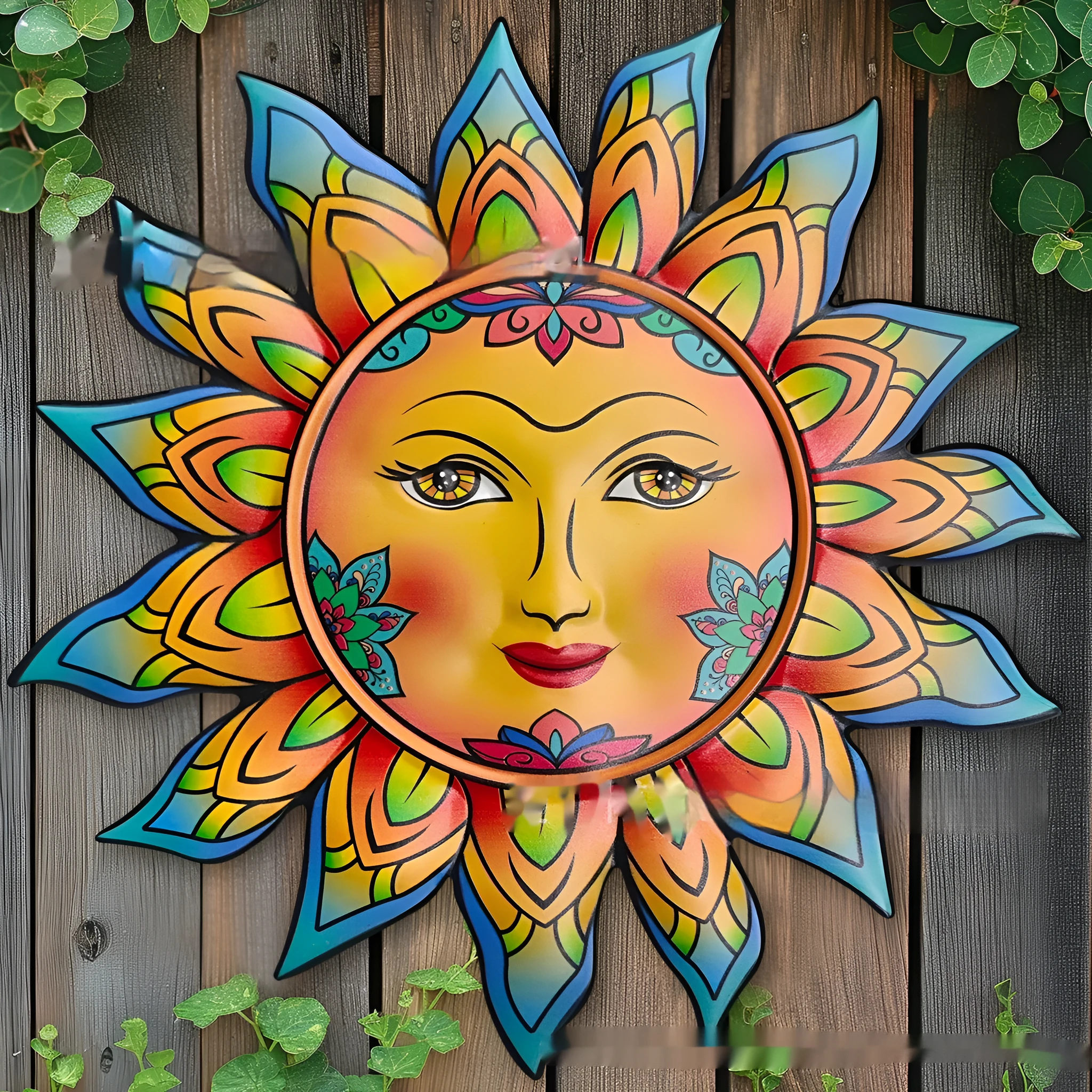 Iron sun face metal wall hanging decorative craft in a selected colour.