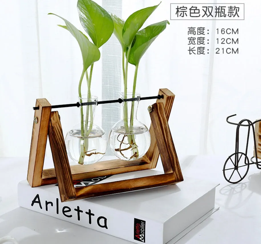 Set of three glass tabletop terrariums with miniature greenery on a shelf