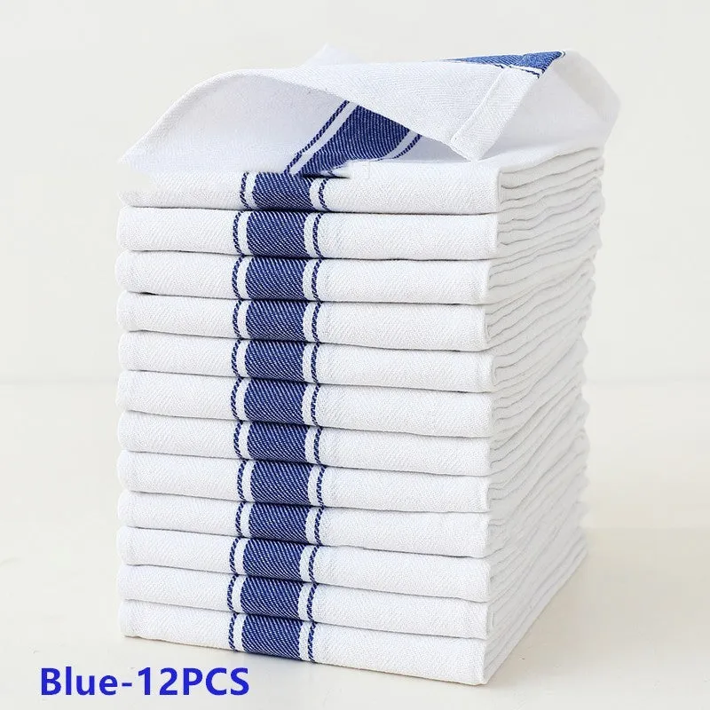 Twelve stripe pattern dish towels in polyester cotton blend fabric showing black, blue, brown, yellow and multicolour options