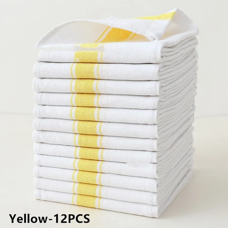 Twelve stripe pattern dish towels in polyester cotton blend fabric showing black, blue, brown, yellow and multicolour options