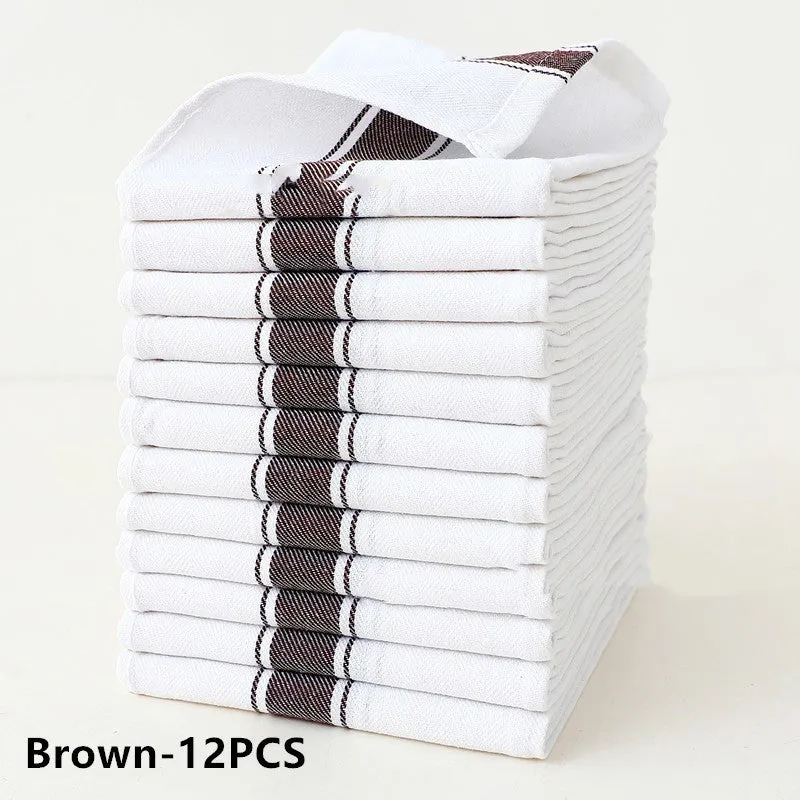 Twelve stripe pattern dish towels in polyester cotton blend fabric showing black, blue, brown, yellow and multicolour options