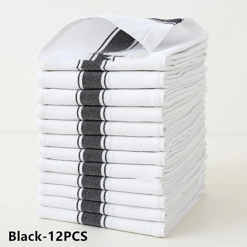 Twelve stripe pattern dish towels in polyester cotton blend fabric showing black, blue, brown, yellow and multicolour options