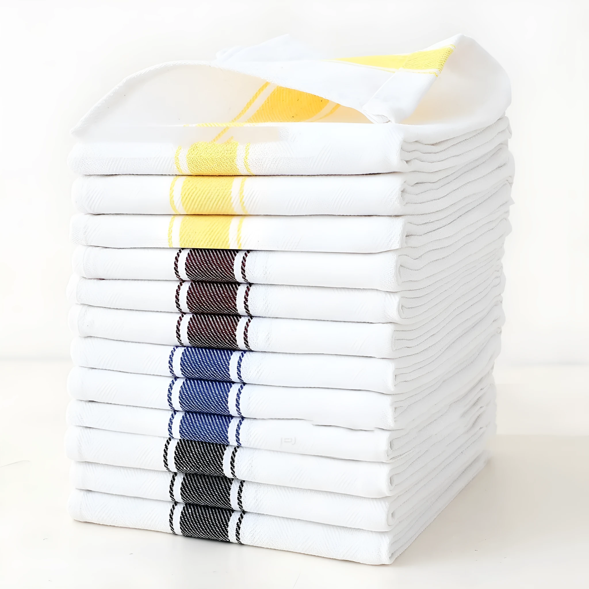 Twelve stripe pattern dish towels in polyester cotton blend fabric showing black, blue, brown, yellow and multicolour options