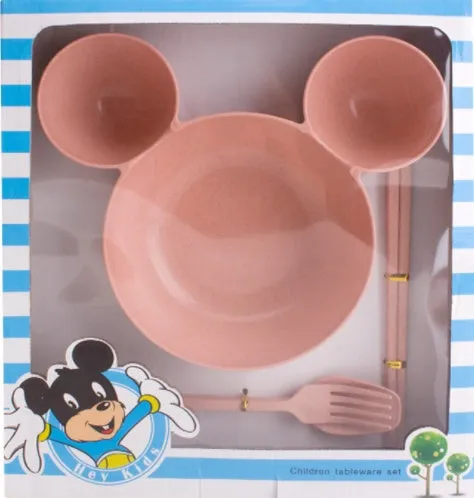 Children's wheat straw bowl set featuring Mickey cartoon design with chopsticks, fork, and spoon in beige