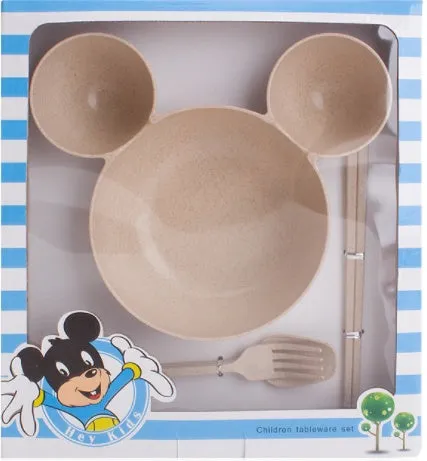 Children's wheat straw bowl set featuring Mickey cartoon design with chopsticks, fork, and spoon in beige