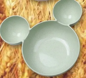 Children's wheat straw bowl set featuring Mickey cartoon design with chopsticks, fork, and spoon in beige