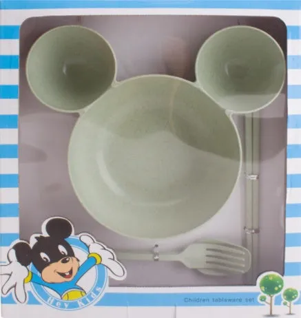 Children's wheat straw bowl set featuring Mickey cartoon design with chopsticks, fork, and spoon in beige