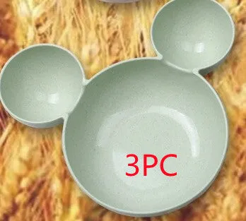 Children's wheat straw bowl set featuring Mickey cartoon design with chopsticks, fork, and spoon in beige