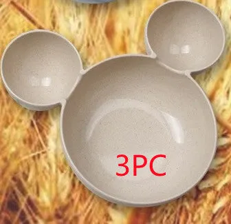 Children's wheat straw bowl set featuring Mickey cartoon design with chopsticks, fork, and spoon in beige