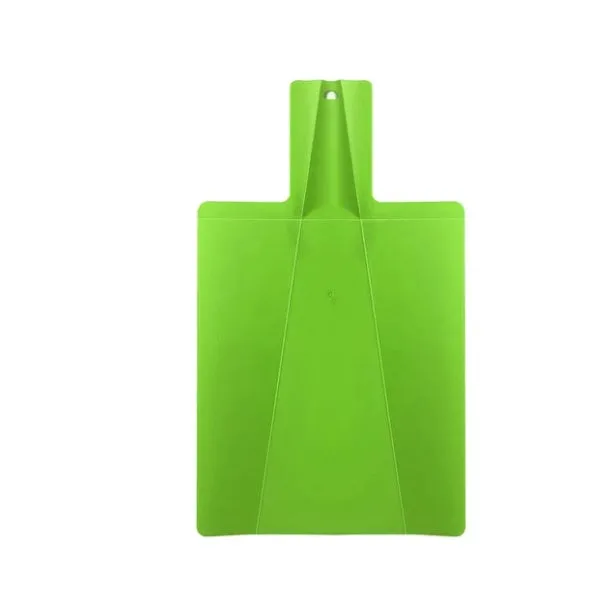 Green folding plastic cutting board with non-slip texture and hanging hole on kitchen countertop
