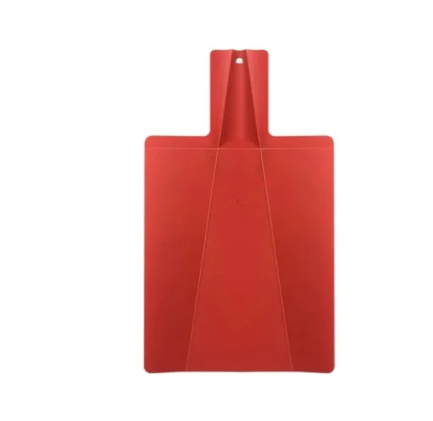 Green folding plastic cutting board with non-slip texture and hanging hole on kitchen countertop