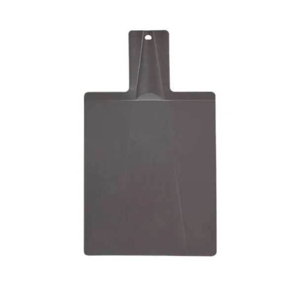 Green folding plastic cutting board with non-slip texture and hanging hole on kitchen countertop