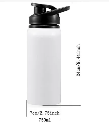 White aluminium sports water bottle for cycling, shown with 600ml and 750ml capacity options.