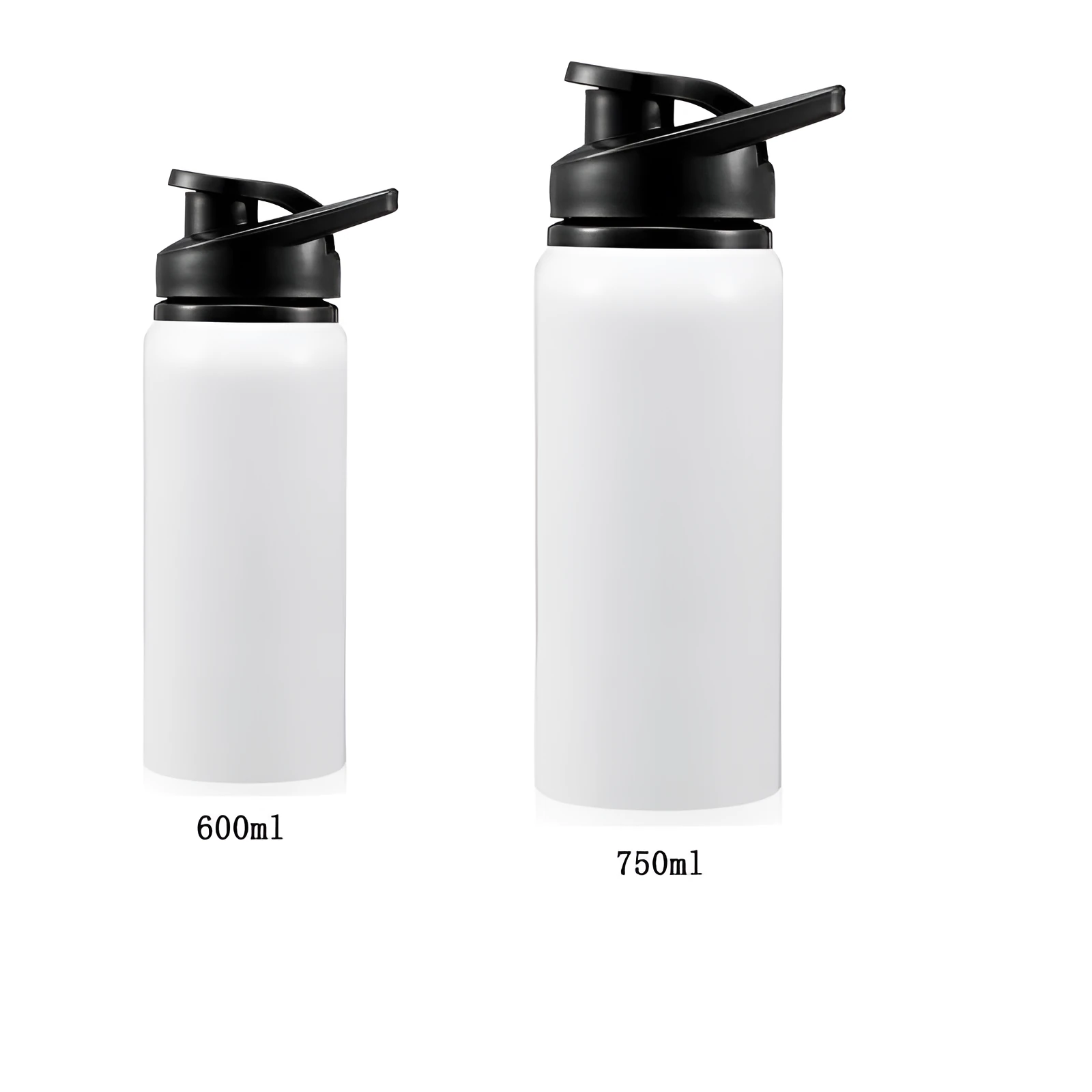 White aluminium sports water bottle for cycling, shown with 600ml and 750ml capacity options.
