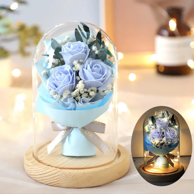 Soap flower bouquet under glass dome cover in red rose option