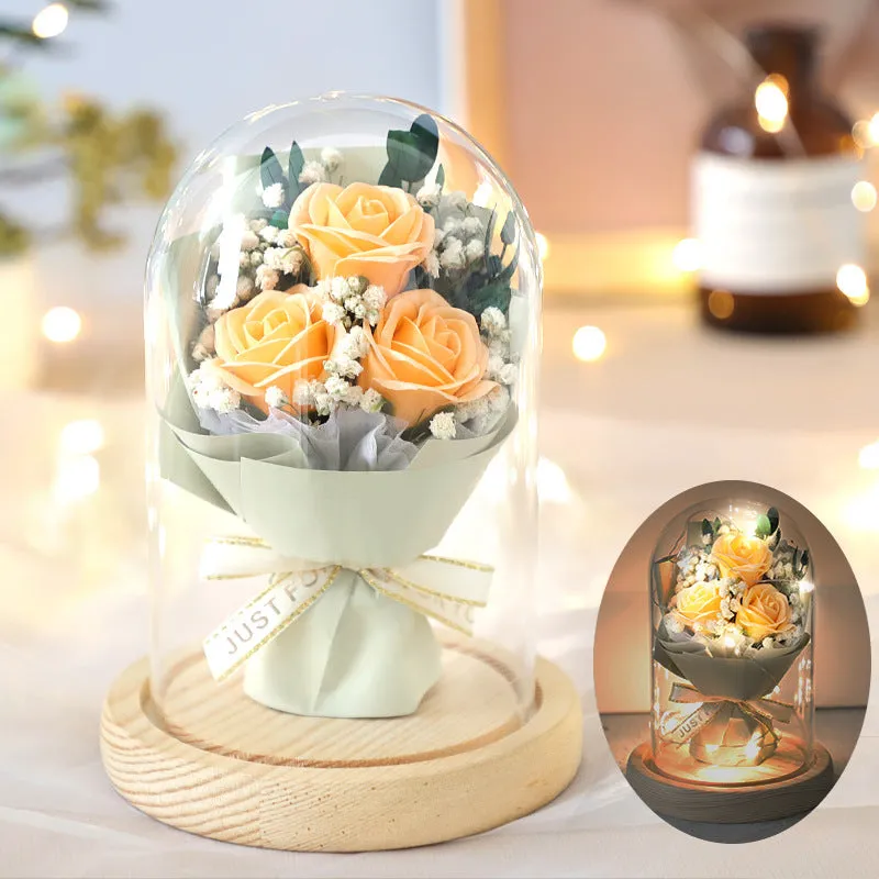 Soap flower bouquet under glass dome cover in red rose option