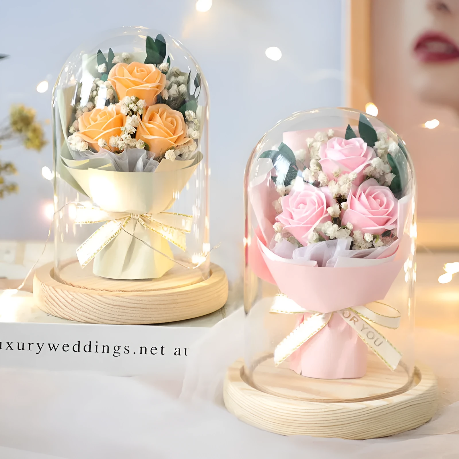 Soap flower bouquet under glass dome cover in red rose option