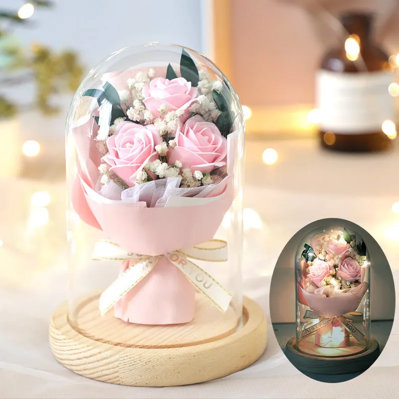 Soap flower bouquet under glass dome cover in red rose option