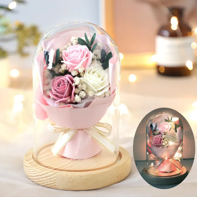 Soap flower bouquet under glass dome cover in red rose option