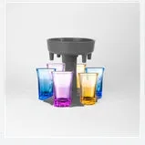 6-port wine dispenser with funnel and six cups in blue, grey, and pink colour options