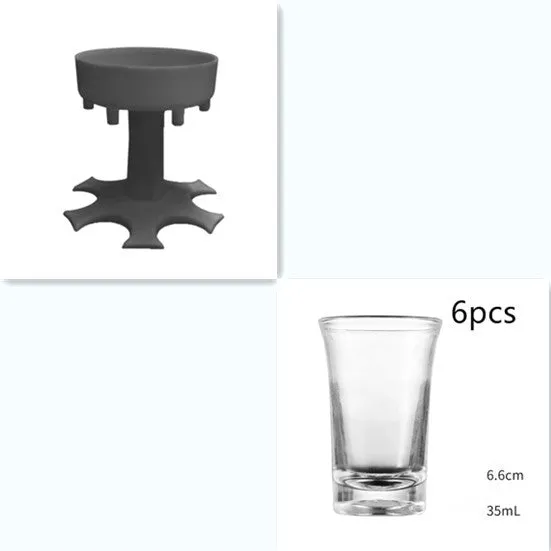 6-port wine dispenser with funnel and six cups in blue, grey, and pink colour options