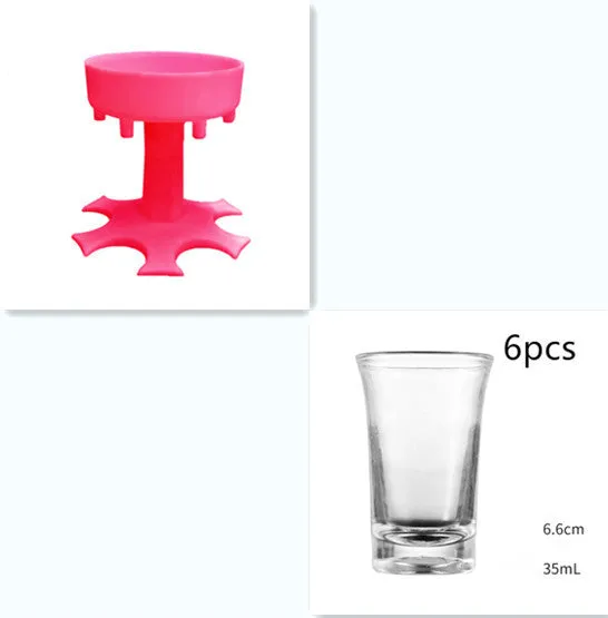 6-port wine dispenser with funnel and six cups in blue, grey, and pink colour options