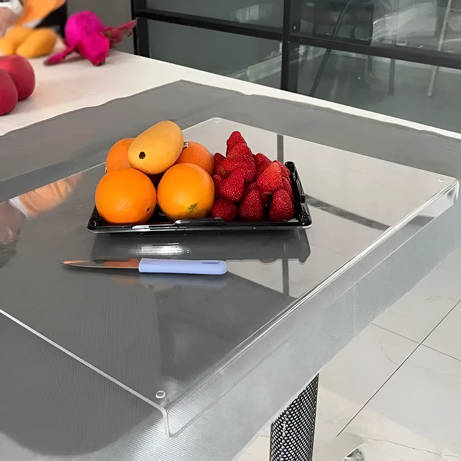 Transparent acrylic cutting board with anti-slip base, square shape, available in multiple sizes for kitchen use