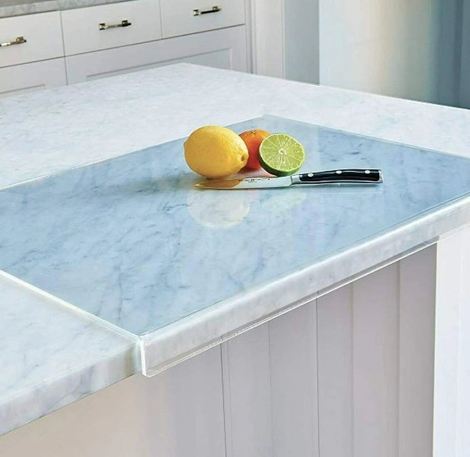 Transparent acrylic cutting board with anti-slip base, square shape, available in multiple sizes for kitchen use