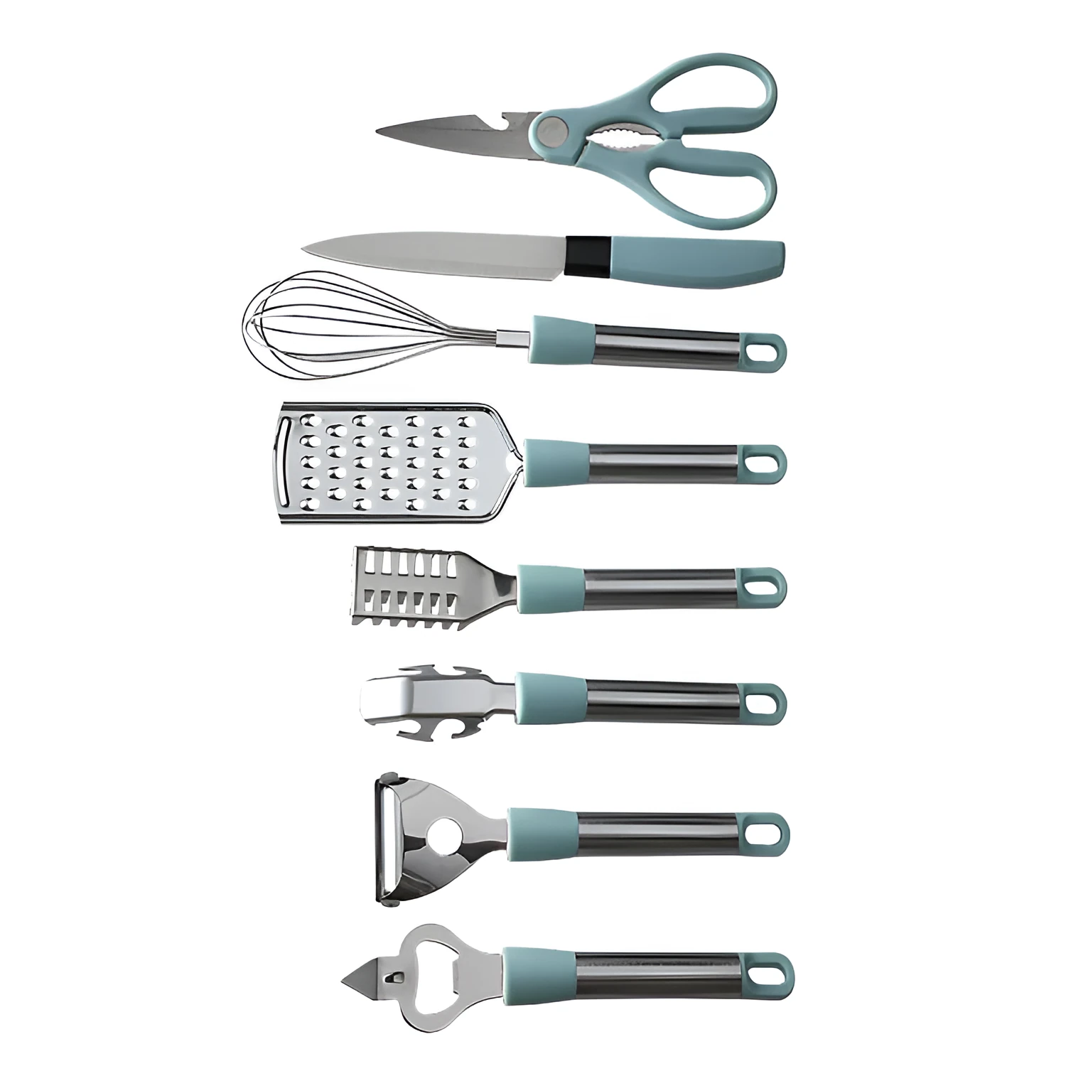 Stainless steel kitchen gadget set with whisk, grater, peeler, fruit knife, scissors, and tray lifter in grey