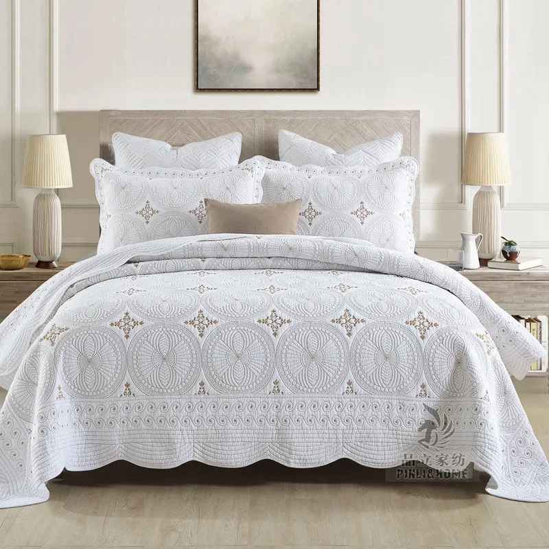 Pure cotton European-style embroidered bed cover set with two pillowcases on a 1.8m bed.