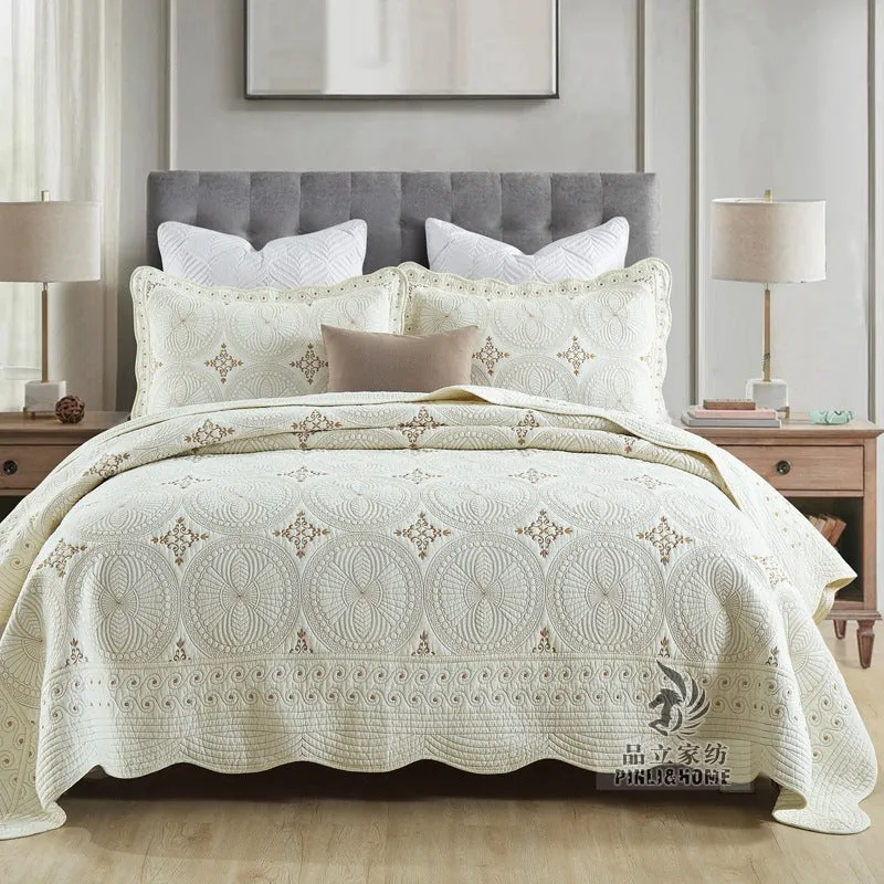 Pure cotton European-style embroidered bed cover set with two pillowcases on a 1.8m bed.