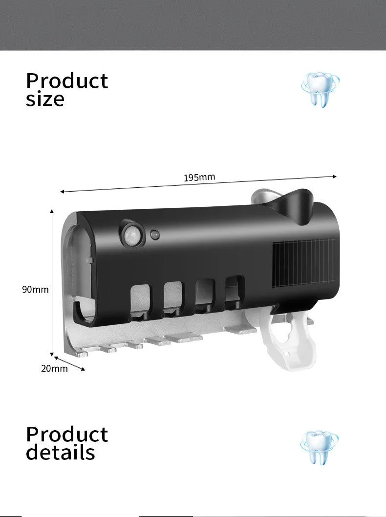 Smart toothbrush sterilizer with UV light, black ABS, wall-mounted with adhesive paste
